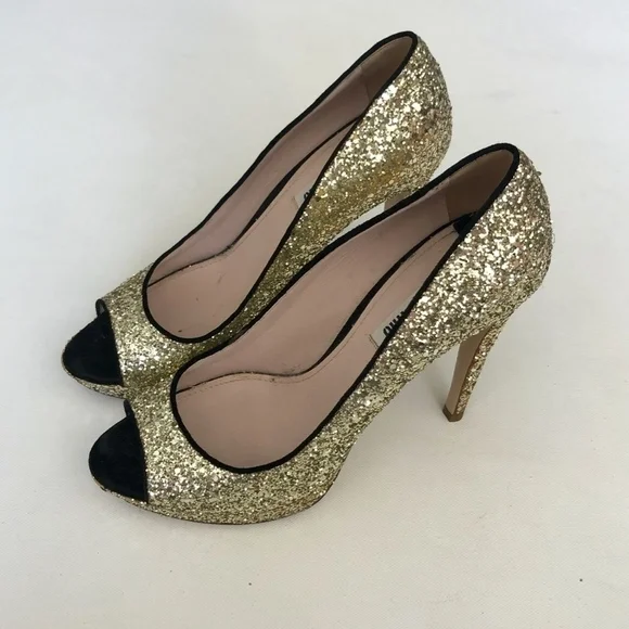 Miu Miu Gold Glitter Black Trim Peep Pumps Heels 9